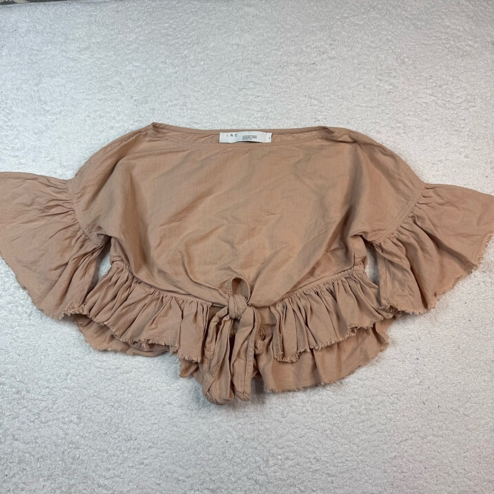 IRO‎ Crop Top Women 34 XS (2) Tan Linen Cotton Ruffle Bell Sleeve Tie Front Boho